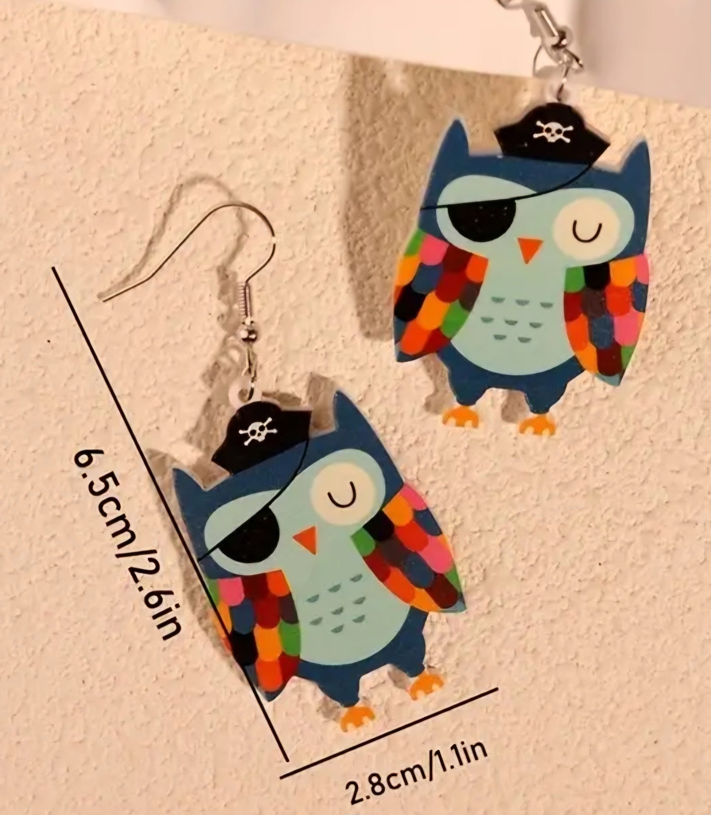 Acrylic Colourful Patchwork Pirate Owl Design Dangle Earrings