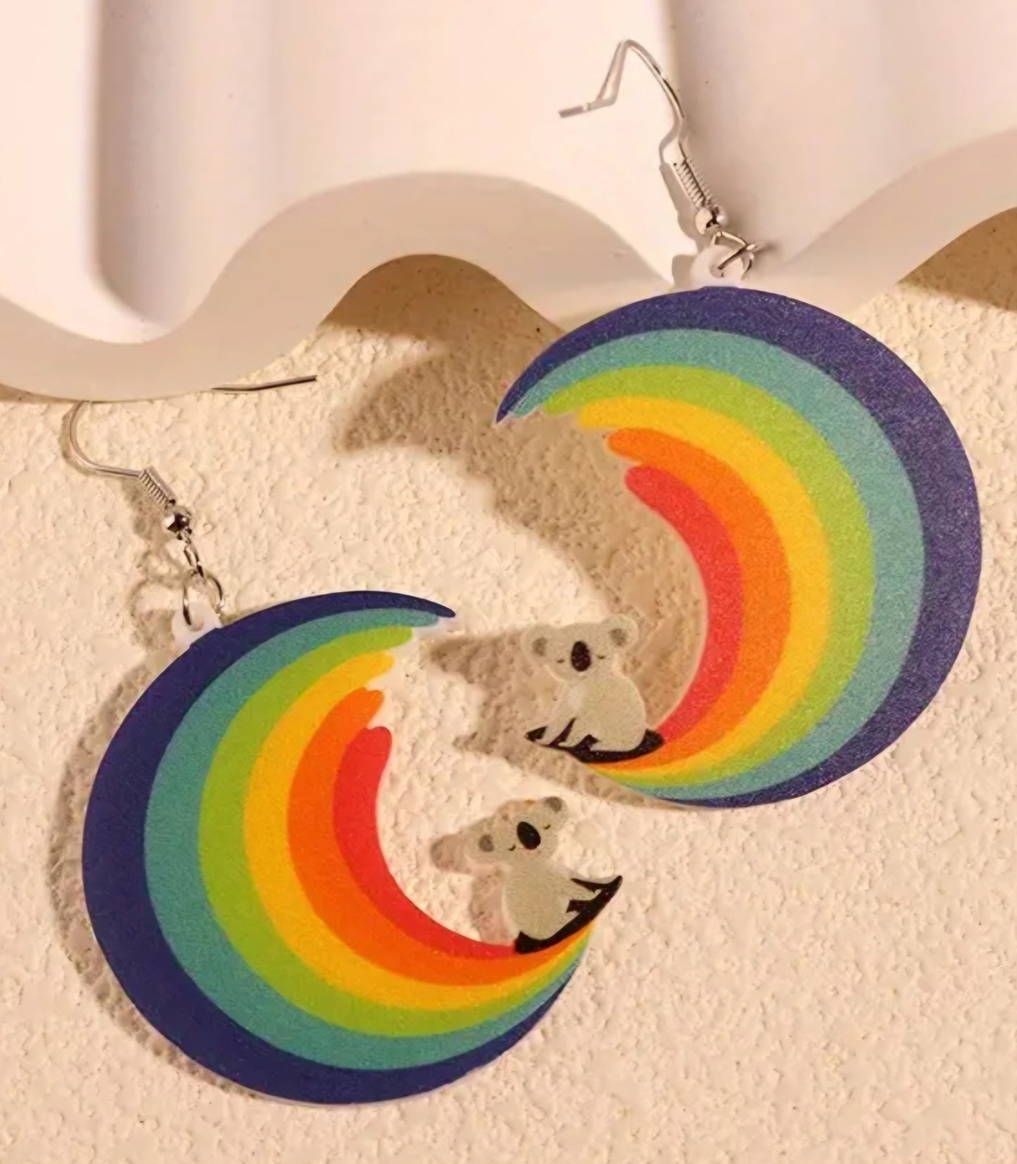 Acrylic Koala Surfing Rainbow Wave Design Dangle Earrings