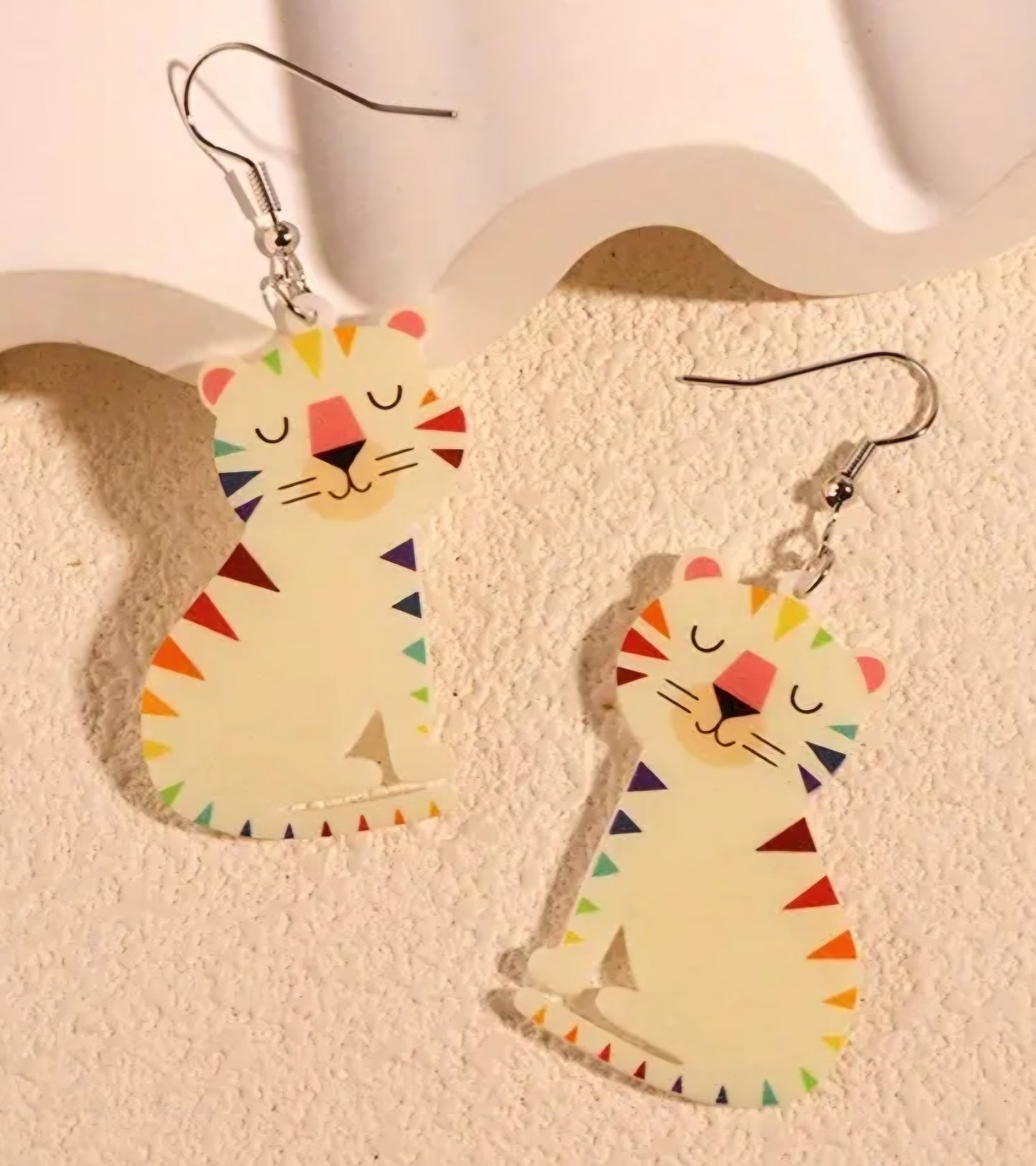 Acrylic Colourful White Tiger Design Dangle Earrings