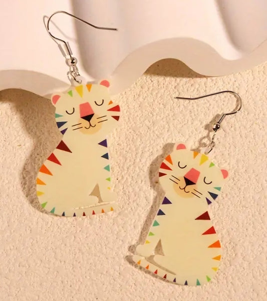 Acrylic Colourful White Tiger Design Dangle Earrings