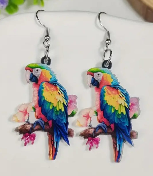 Acrylic Parrot Flowers Design Dangle Earrings