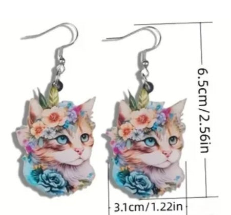 Acrylic Cat Flowers Design Dangle Earrings