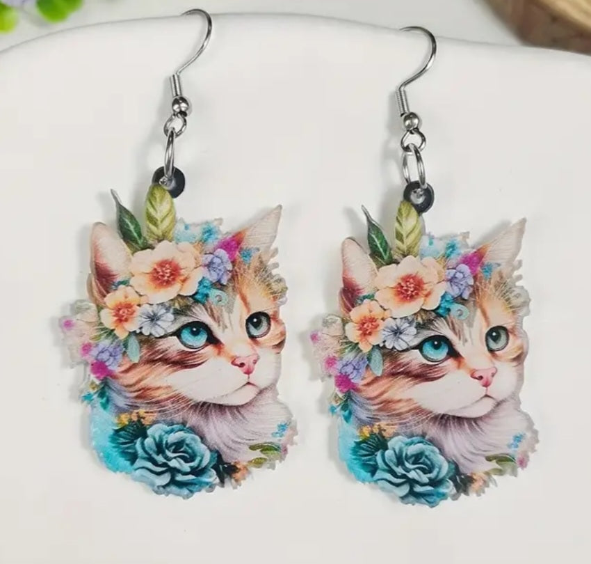 Acrylic Cat Flowers Design Dangle Earrings