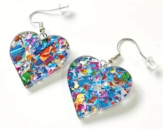 Acrylic Transparent Glitter Sparkle Blue Heart Dangle Earrings