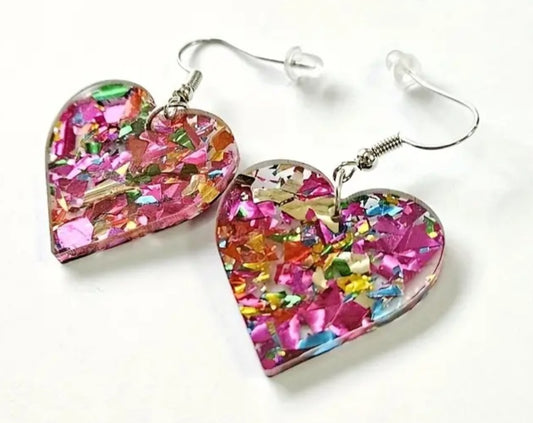 Acrylic Transparent Glitter Sparkle Pink Heart Dangle Earrings