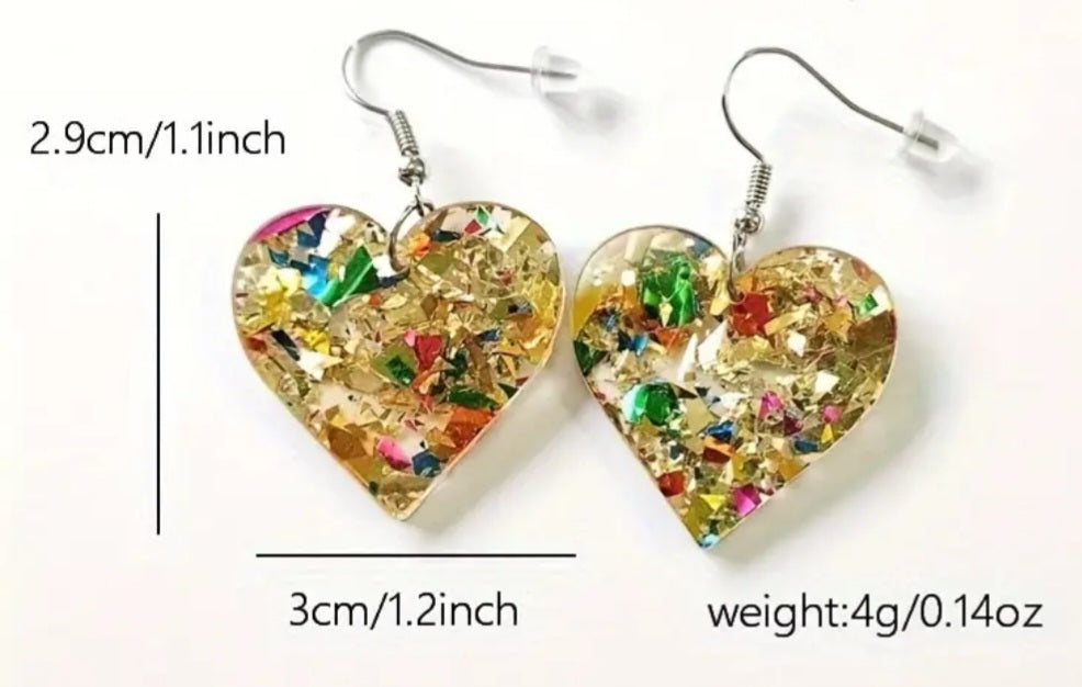 Acrylic Transparent Glitter Sparkle Yellow Heart Dangle Earrings