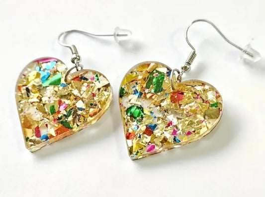 Acrylic Transparent Glitter Sparkle Yellow Heart Dangle Earrings