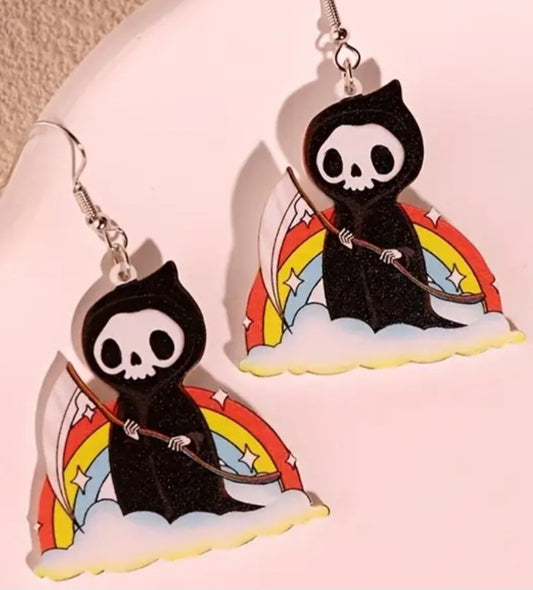 Acrylic Cartoon Rainbow Grim Reaper Design Dangle Earrings