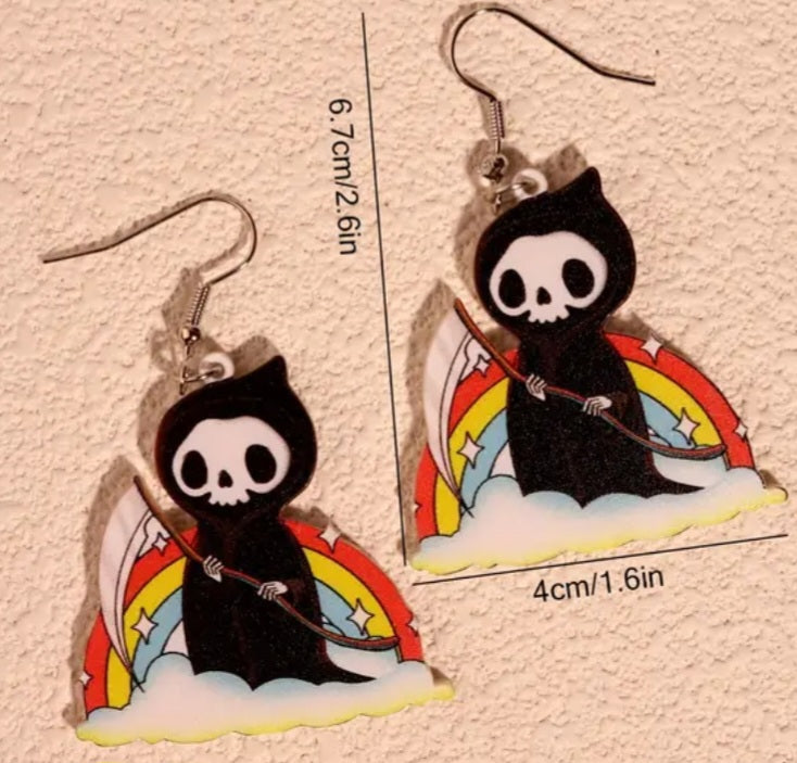 Acrylic Cartoon Rainbow Grim Reaper Design Dangle Earrings