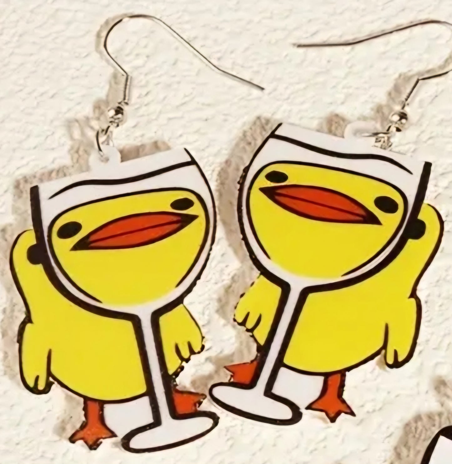 Acrylic Duck Looking Through Wine Glass Design Dangle Earrings