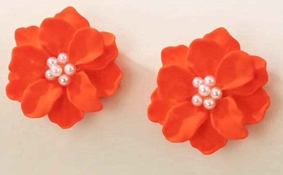 Acrylic Orange Camellia Flower Large Stud Earrings