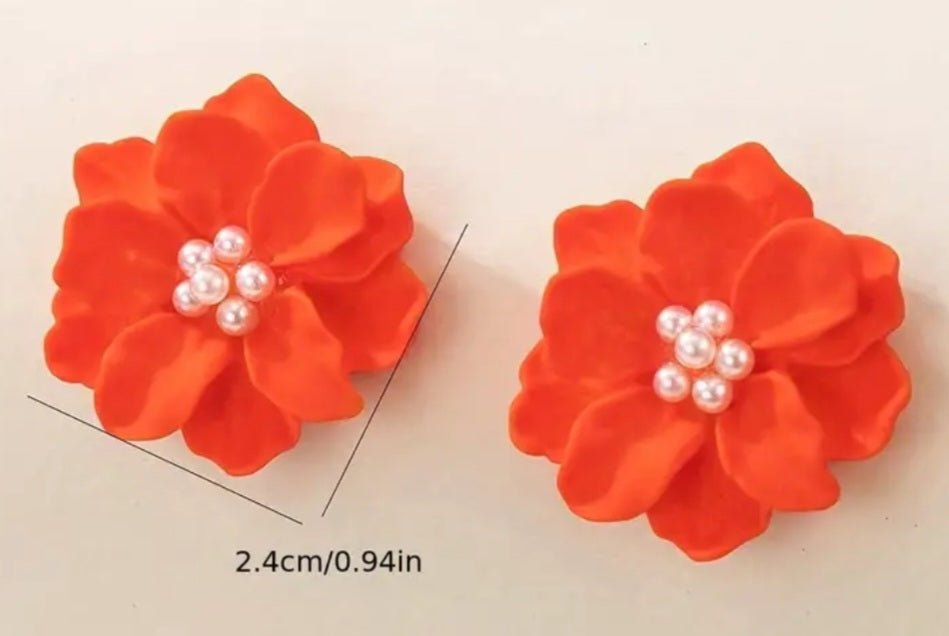 Acrylic Orange Camellia Flower Large Stud Earrings