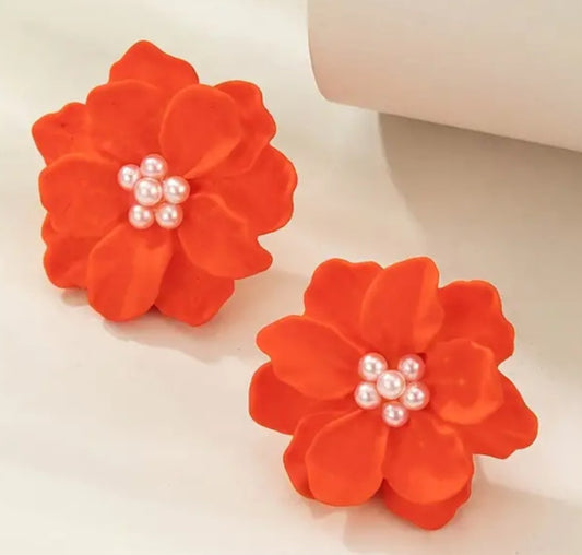 Acrylic Orange Camellia Flower Large Stud Earrings