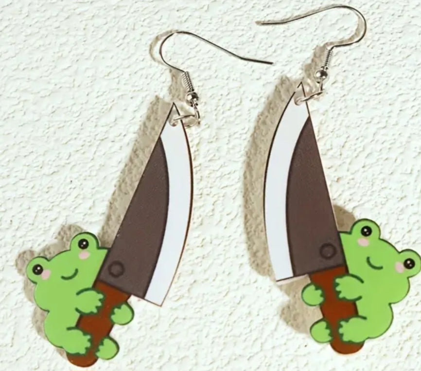 Acrylic Cartoon Frog Holding Knife Design Dangle Earrings