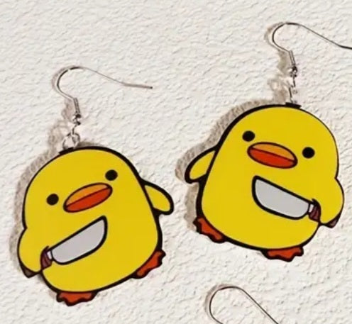 Acrylic Cartoon Duck Holding Knife Design Dangle Earrings