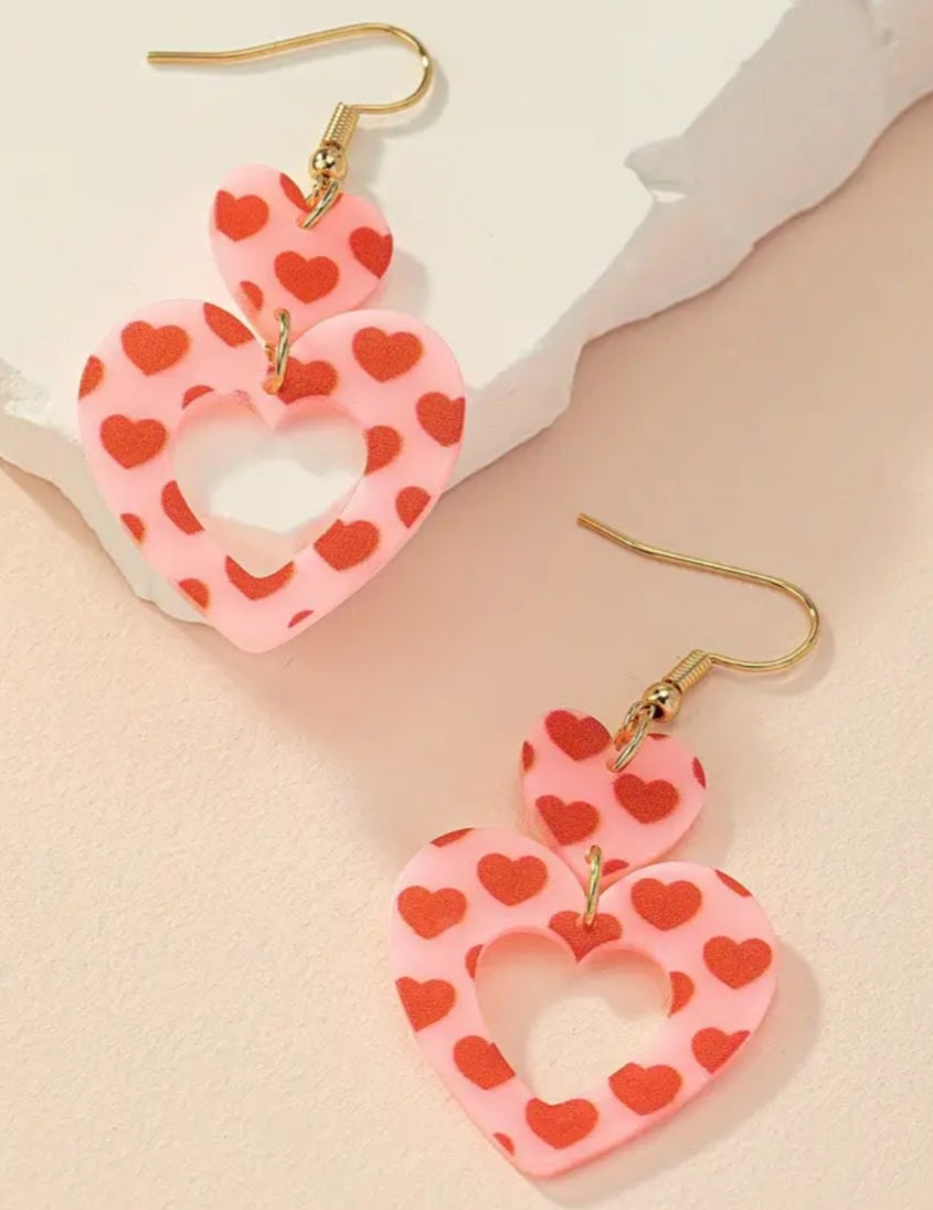 Double Heart Acrylic Pink Heart Print Drop Dangle Earrings