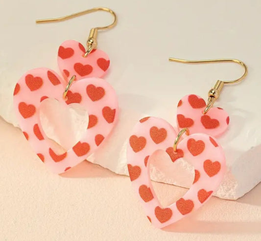 Double Heart Acrylic Pink Heart Print Drop Dangle Earrings