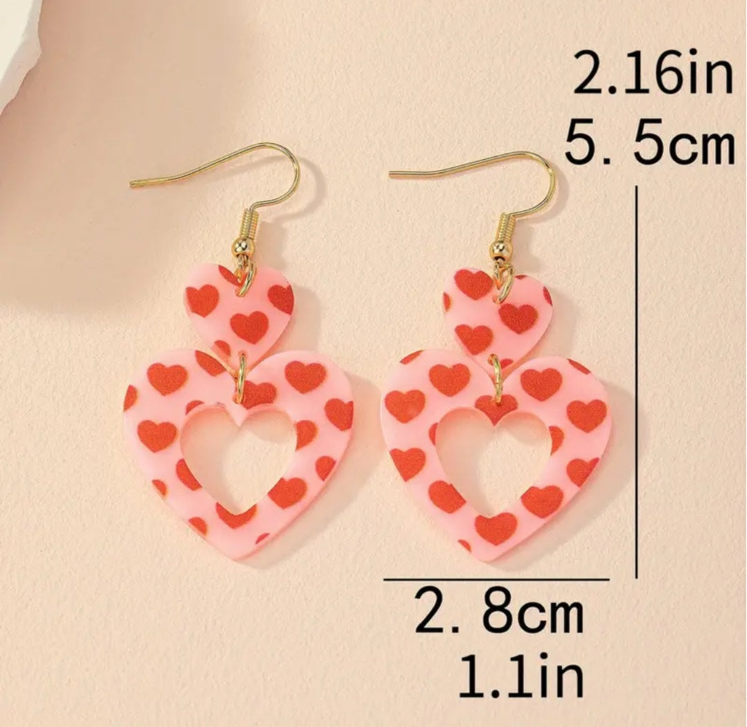 Double Heart Acrylic Pink Heart Print Drop Dangle Earrings