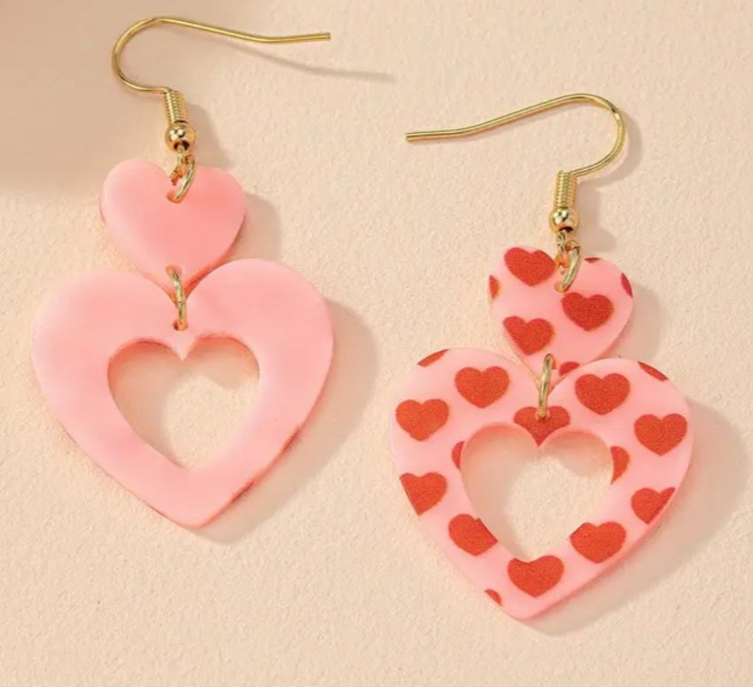 Double Heart Acrylic Pink Heart Print Drop Dangle Earrings