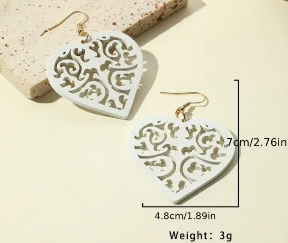 Extra Large Lightweight Unique White Wood Carved Heart design Dangle Earrings