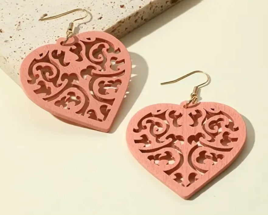 Extra Large Lightweight Unique Pink Wood Carved Heart design Dangle Earrings