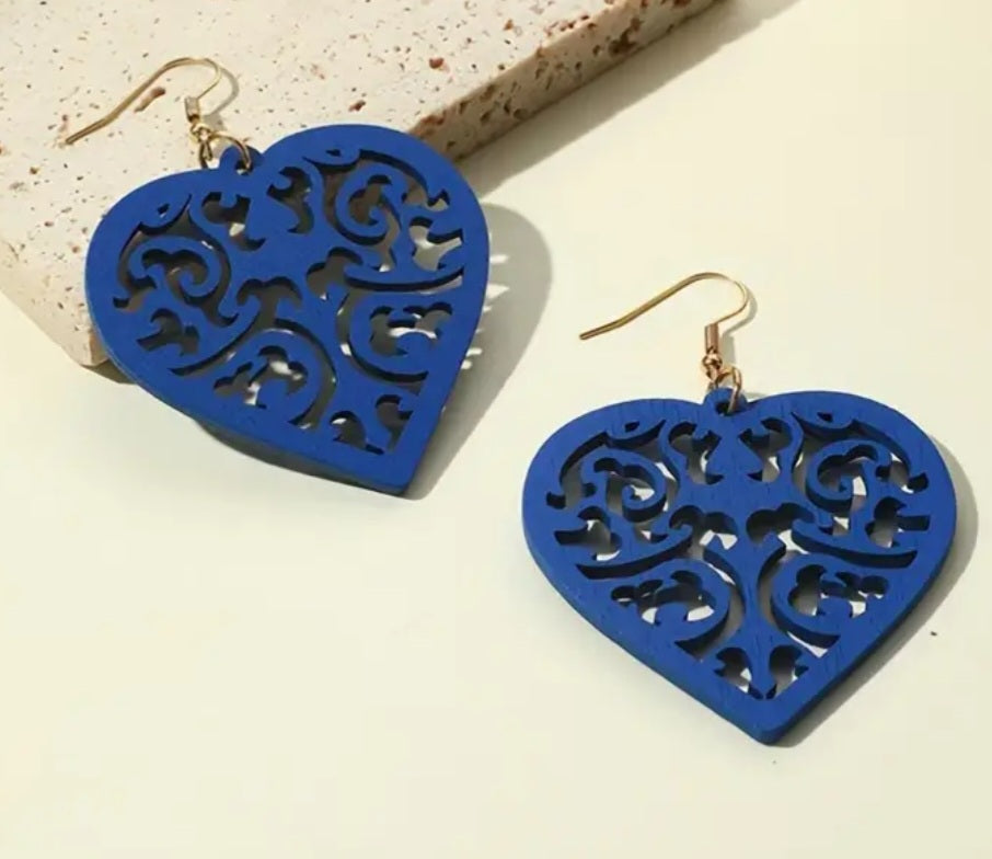 Extra Large Lightweight Unique Royal Blue Wood Carved Heart design Dangle Earrings