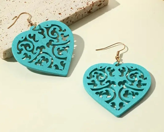 Extra Large Lightweight Unique  Light Blue Wood Carved Heart design Dangle Earrings