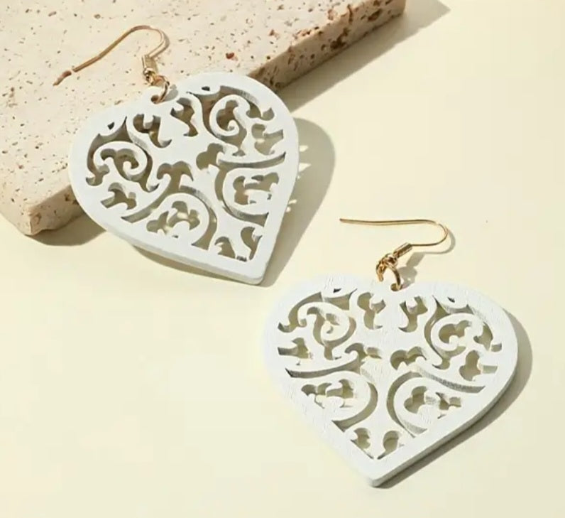 Extra Large Lightweight Unique White Wood Carved Heart design Dangle Earrings