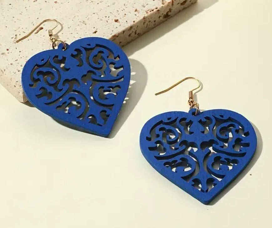 Extra Large Lightweight Unique Royal Blue Wood Carved Heart design Dangle Earrings