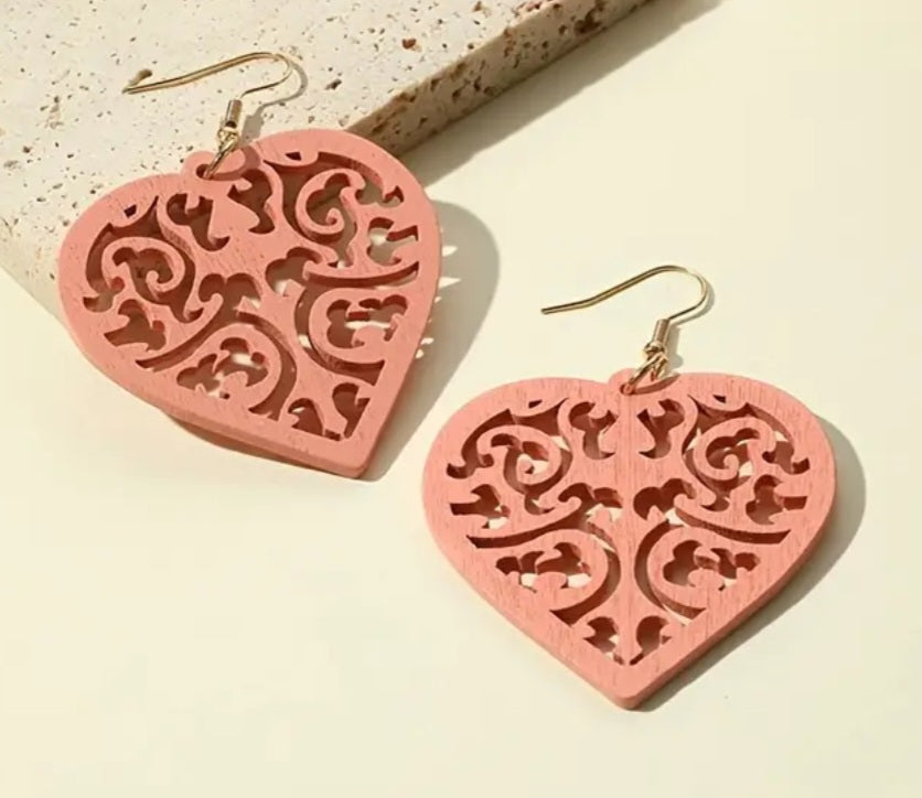 Extra Large Lightweight Unique Pink Wood Carved Heart design Dangle Earrings