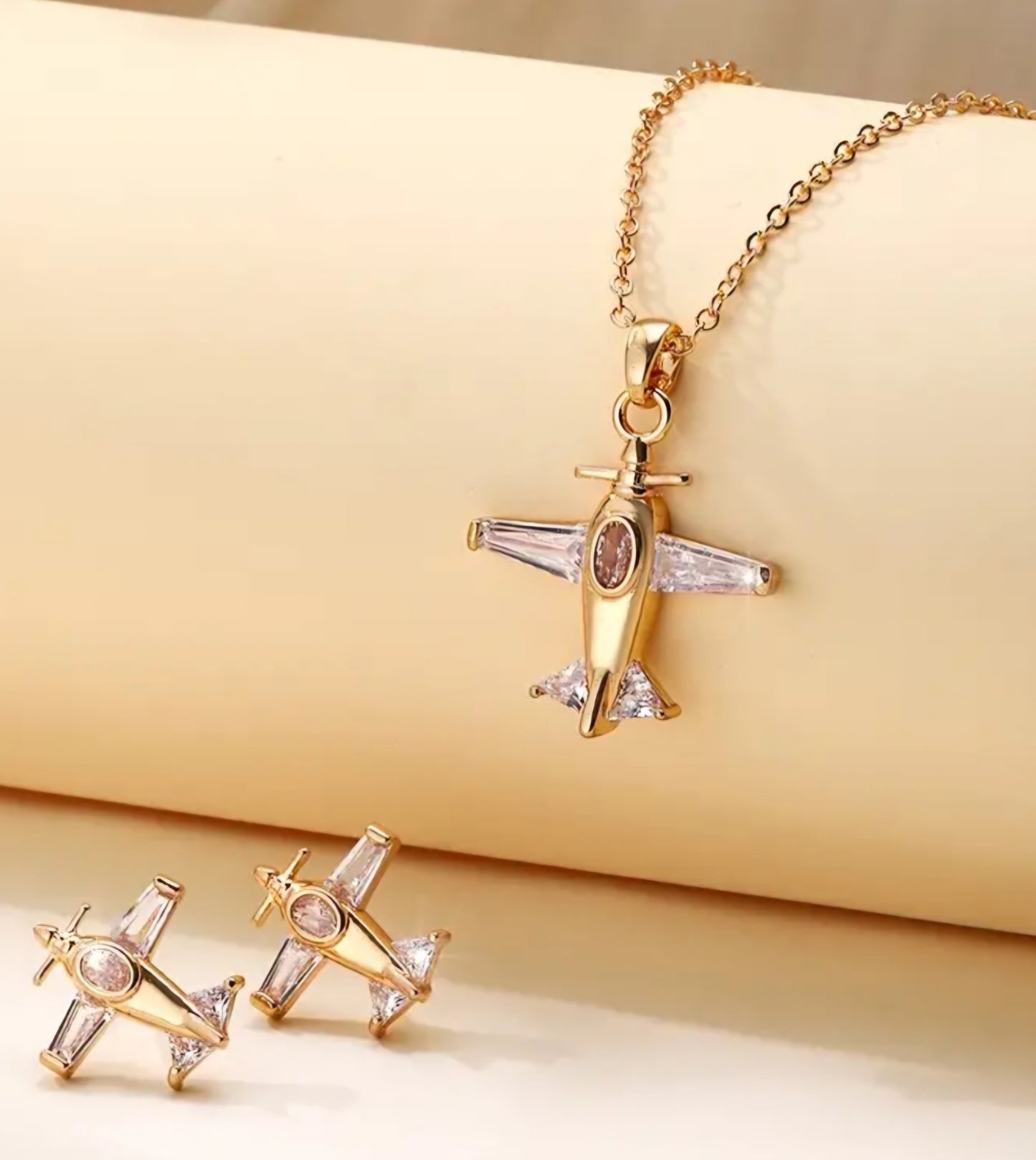 Aeroplane Avation Plane Design Zicon Inlay Gold Plated Necklace And Earrings Set