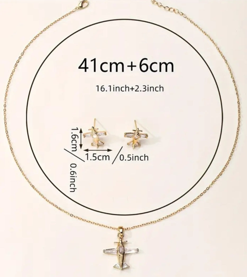 Aeroplane Avation Plane Design Zicon Inlay Gold Plated Necklace And Earrings Set