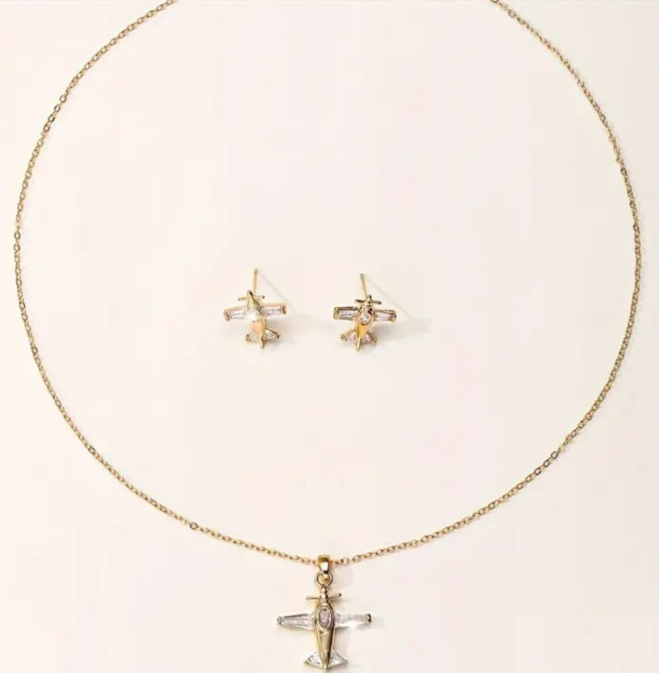 Aeroplane Avation Plane Design Zicon Inlay Gold Plated Necklace And Earrings Set