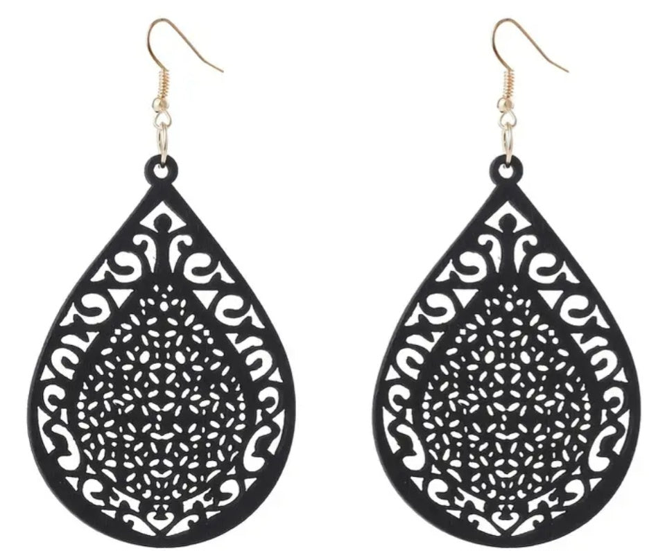 Large Tear Drop Shape Carved Wood Black Lightweight Drop Dangle Earrings