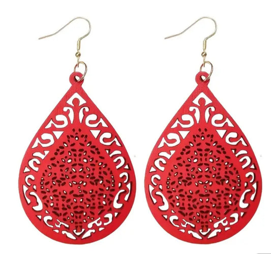 Large Tear Drop Shape Carved Wood Red Lightweight Drop Dangle Earrings