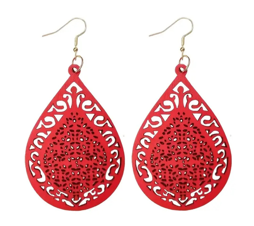 Large Tear Drop Shape Carved Wood Red Lightweight Drop Dangle Earrings