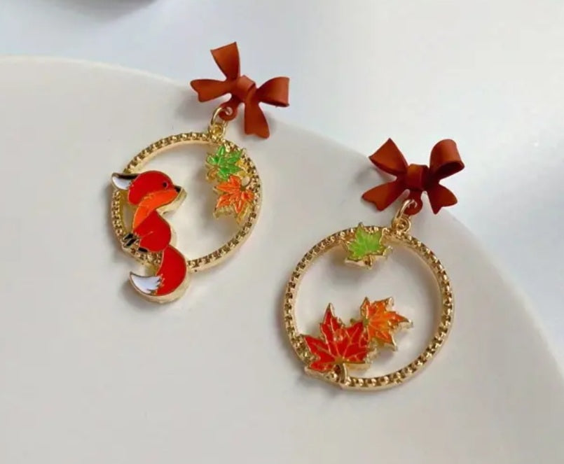 Autumn Fall Leaves And Fox Mis-match Bow Top Drop Gold Plated Dangle Earrings