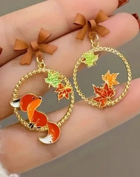 Autumn Fall Leaves And Fox Mis-match Bow Top Drop Gold Plated Dangle Earrings