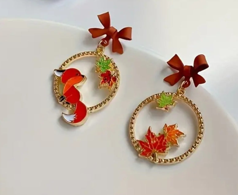 Autumn Fall Leaves And Fox Mis-match Bow Top Drop Gold Plated Dangle Earrings