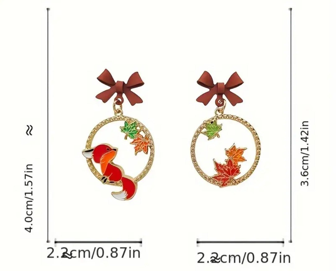 Autumn Fall Leaves And Fox Mis-match Bow Top Drop Gold Plated Dangle Earrings