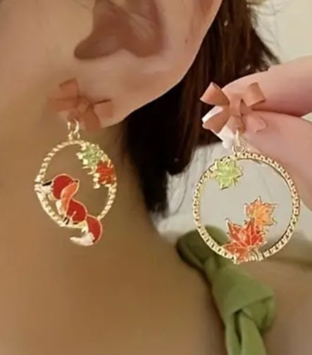 Autumn Fall Leaves And Fox Mis-match Bow Top Drop Gold Plated Dangle Earrings