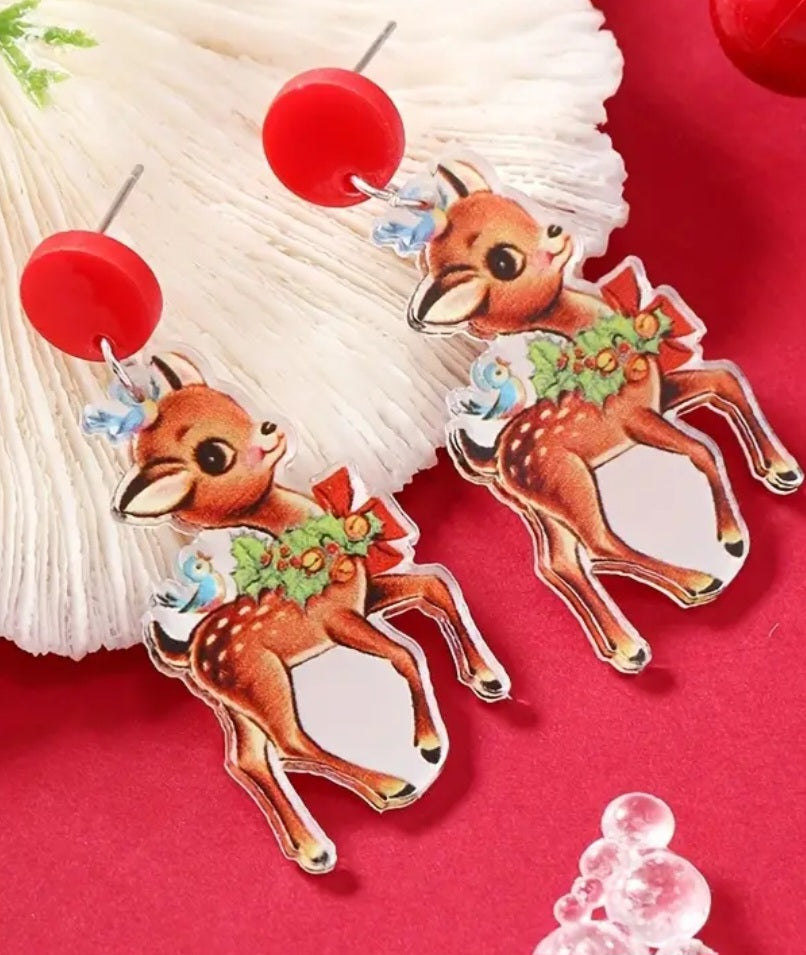 Acrylic Festive Christmas Reindeer Design Lightweight Drop Dangle Earrings