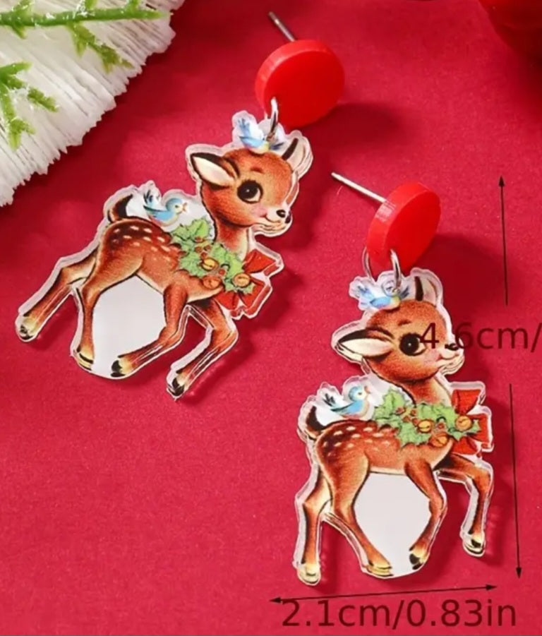 Acrylic Festive Christmas Reindeer Design Lightweight Drop Dangle Earrings