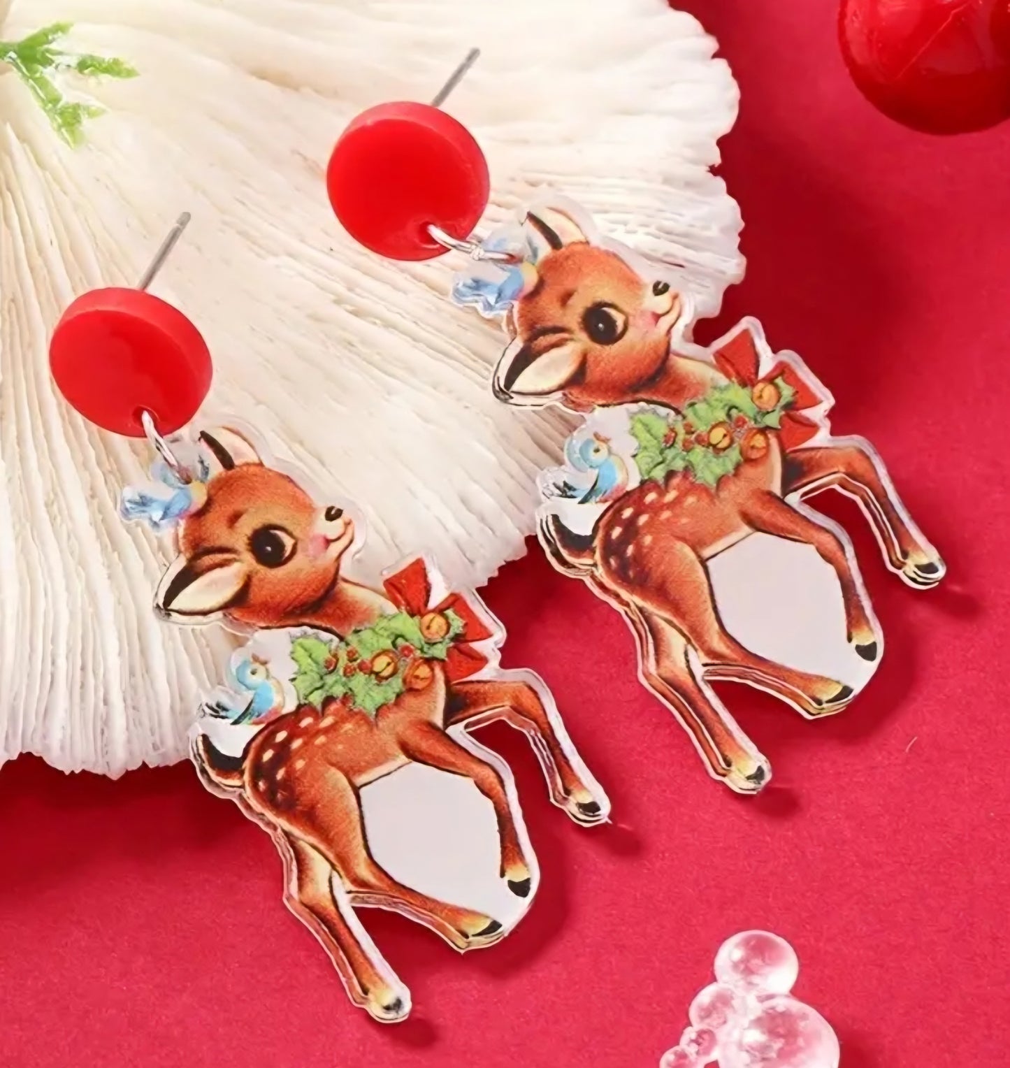 Acrylic Festive Christmas Reindeer Design Lightweight Drop Dangle Earrings