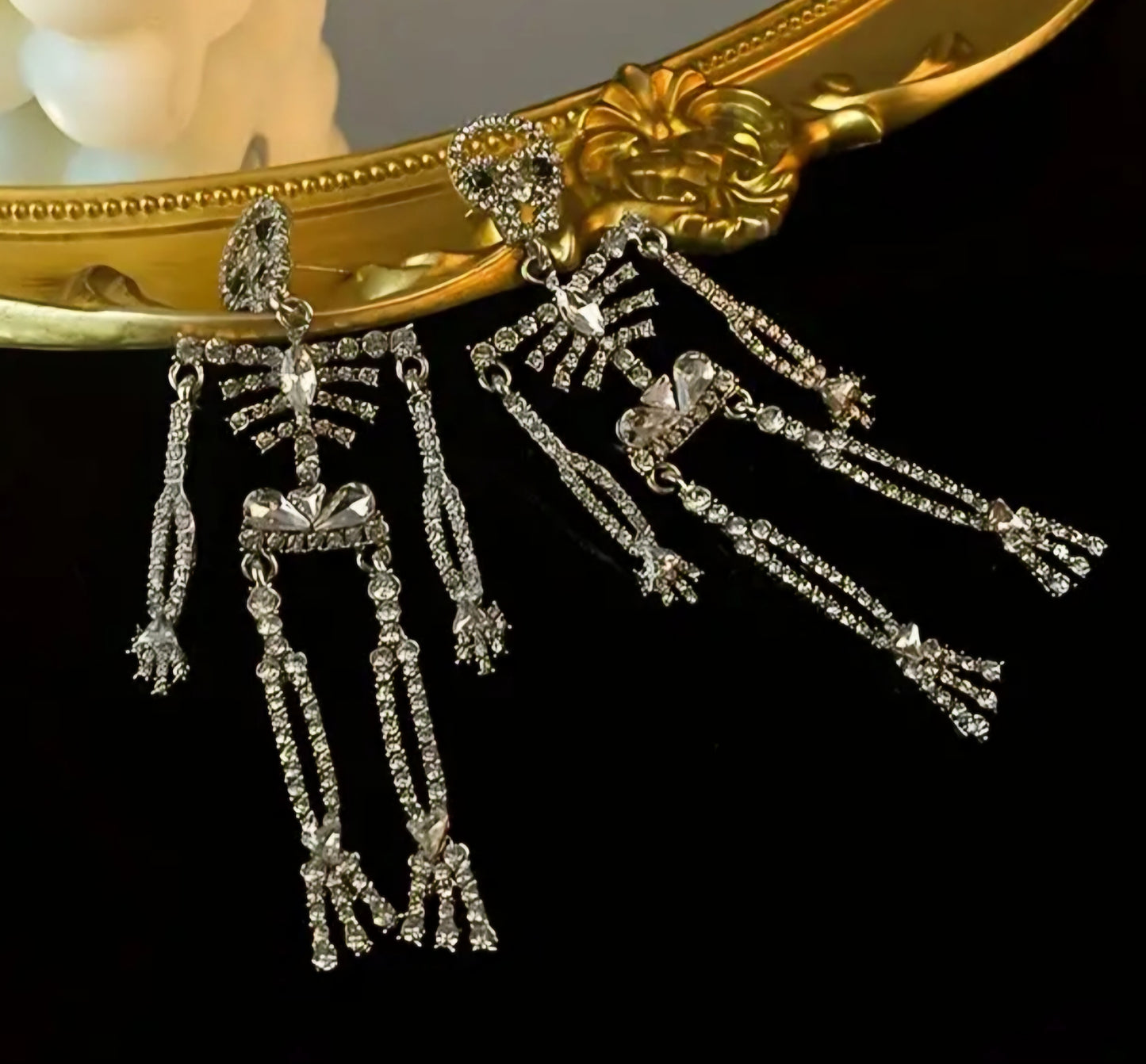 Absolutely Stunning Extra Large Bling Dancing Skeleton Rhinestone Set Silver Plated Drop Dangle Earrings