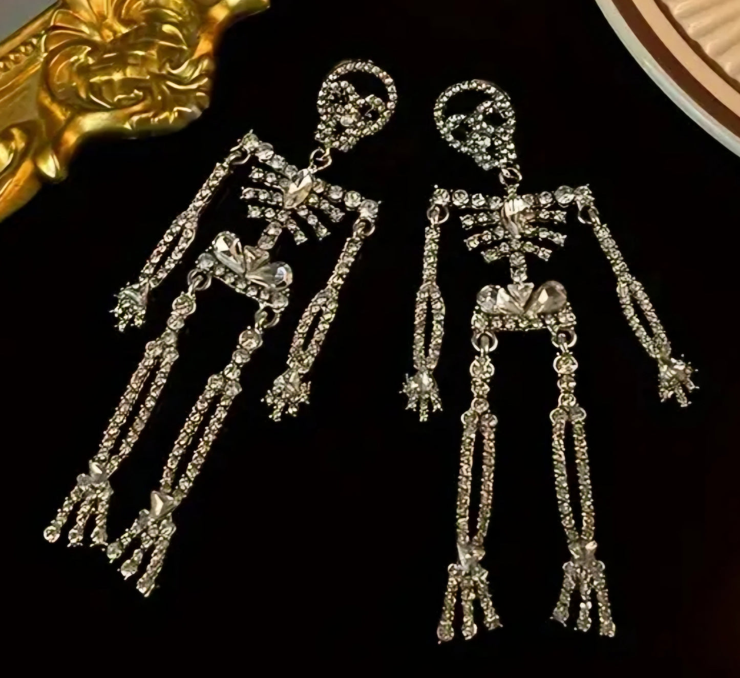 Absolutely Stunning Extra Large Bling Dancing Skeleton Rhinestone Set Silver Plated Drop Dangle Earrings