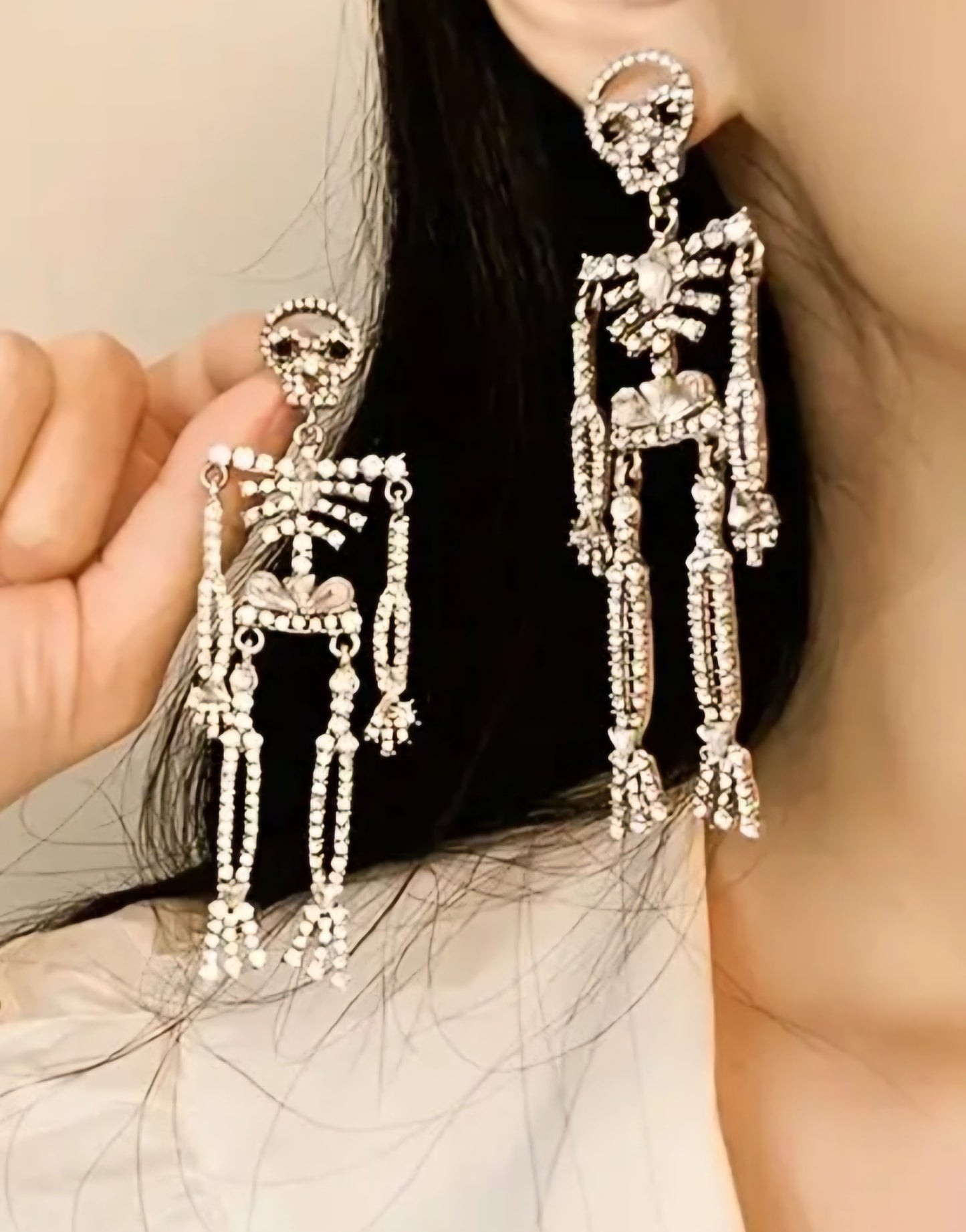 Absolutely Stunning Extra Large Bling Dancing Skeleton Rhinestone Set Silver Plated Drop Dangle Earrings