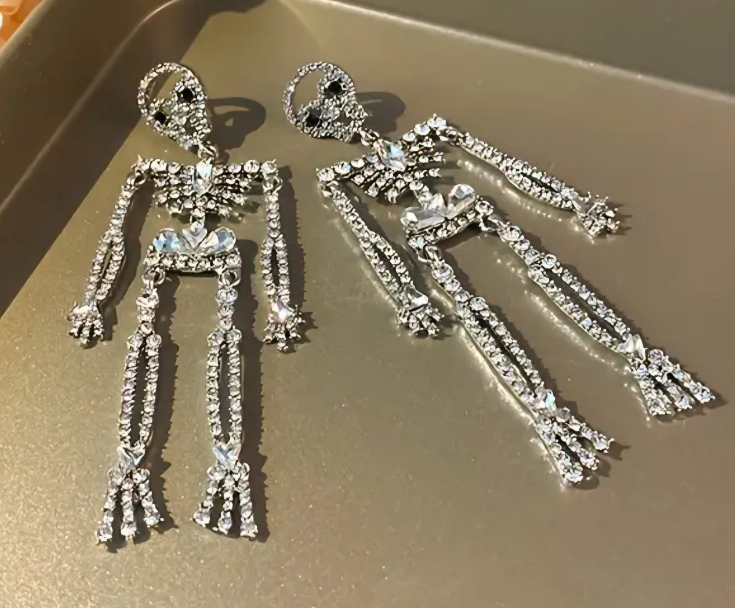 Absolutely Stunning Extra Large Bling Dancing Skeleton Rhinestone Set Silver Plated Drop Dangle Earrings