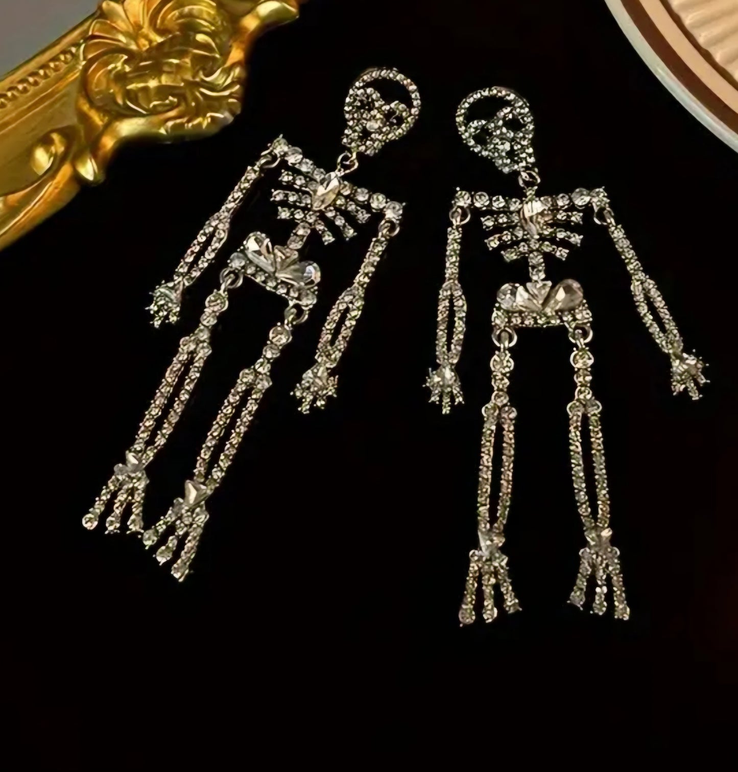 Absolutely Stunning Extra Large Bling Dancing Skeleton Rhinestone Set Silver Plated Drop Dangle Earrings