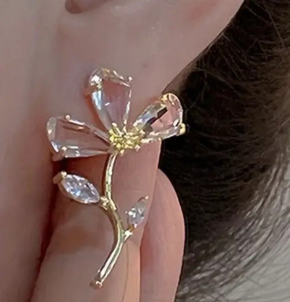 Crystal Glass Gold Plated Flower Petal Design Dainty Large Stud Earrings